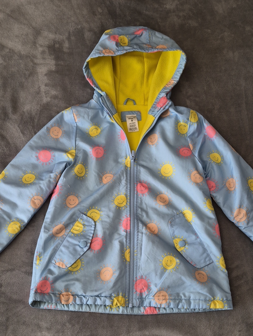 Carter's Light Blue Raincoat with Yellow Lined Hood and Smiley Sun Print